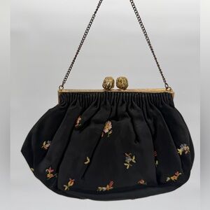 Vintage Elegant Black Floral Fabric Embroidered Clutch-Made in France.